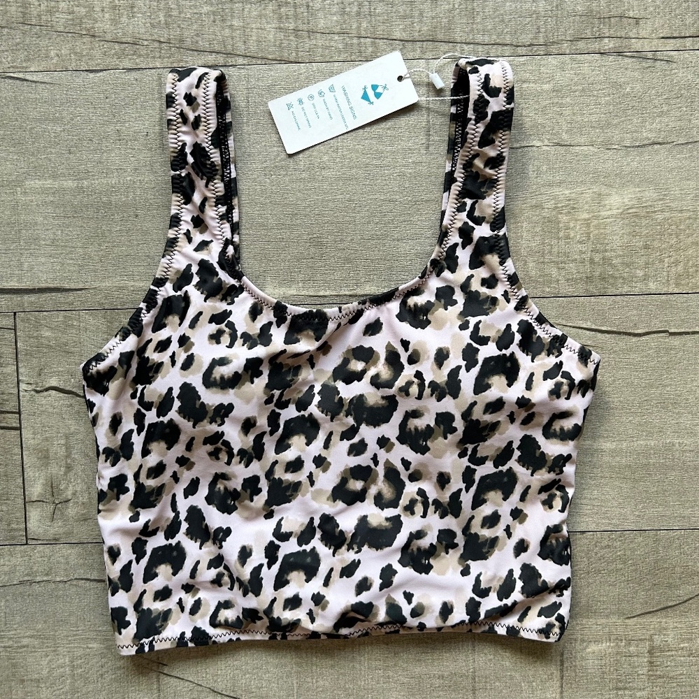 NWT BeachSissi Beige Pink Animal Print Cut Out Tie Longline Bikini Swim Top S